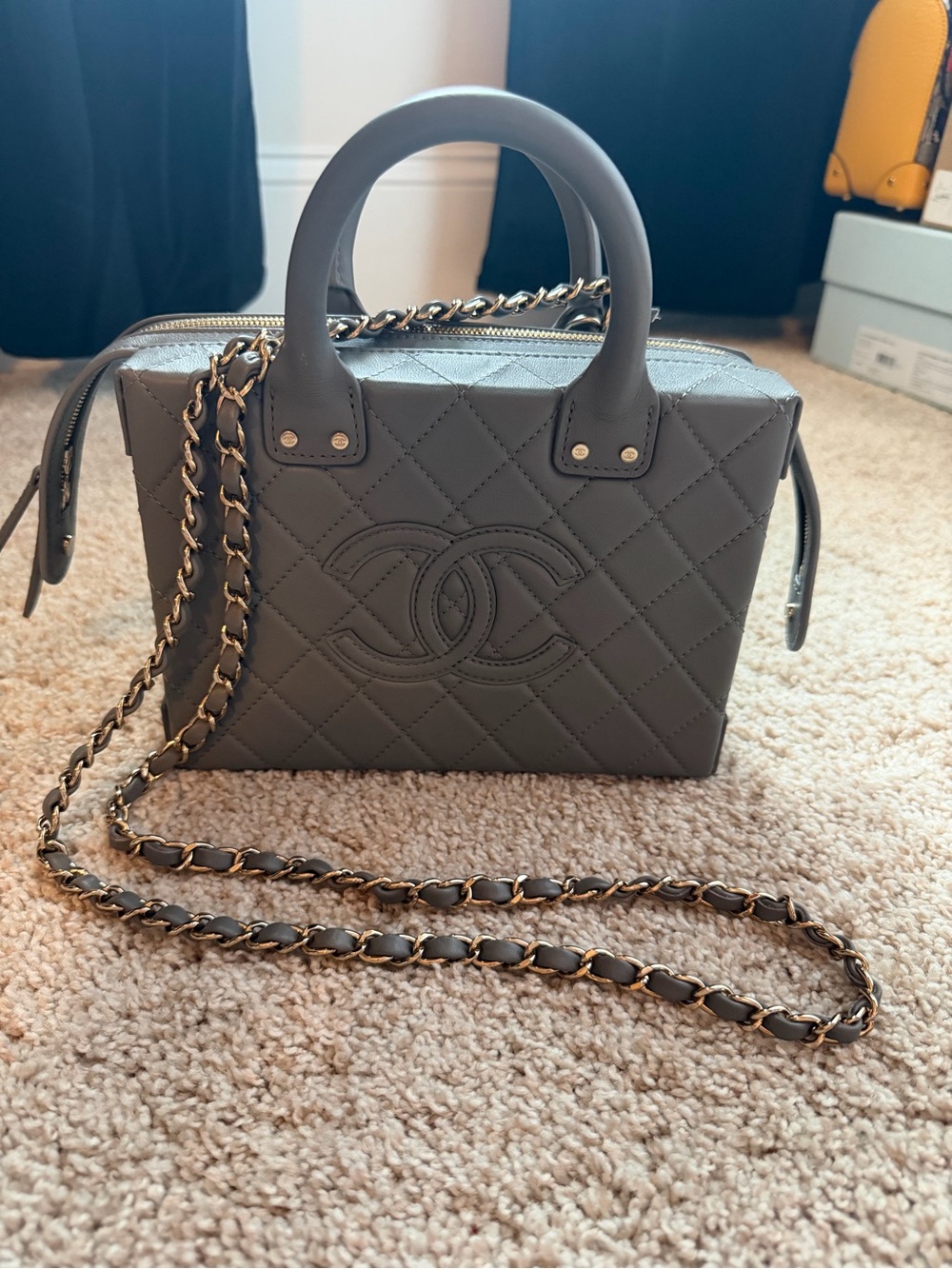 CHANEL Quilted Gray Mini Vanity Crossbody Bag with Gold Chain Authentic